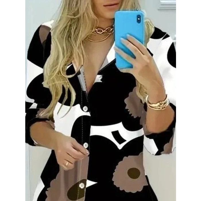 Kadın Yakalı önden Düğmeli çiçek Desenli Uzun Süprem Elbise