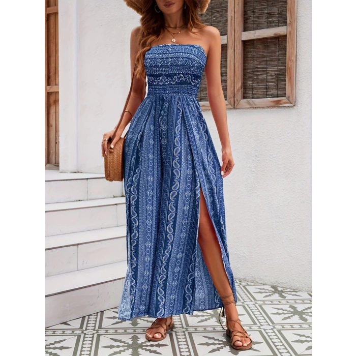 Kadın Yakası Gipe Detaylı önden Yırtmaç Detaylı Desenli Süprem Pantolunetek Tulum