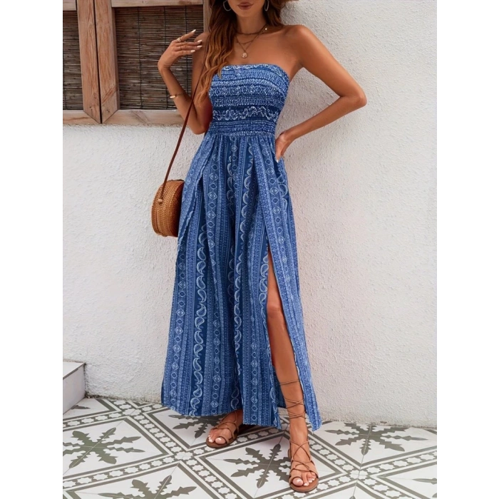 Kadın Yakası Gipe Detaylı önden Yırtmaç Detaylı Desenli Süprem Pantolunetek Tulum