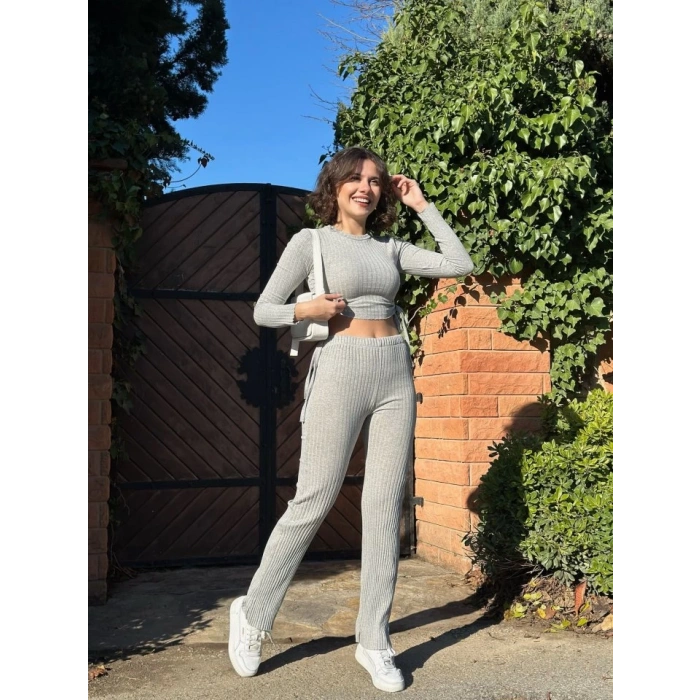 Kadın Yandan Bağlamalı Geniş Paçalı Fitil Kaşkorse İkili Takım