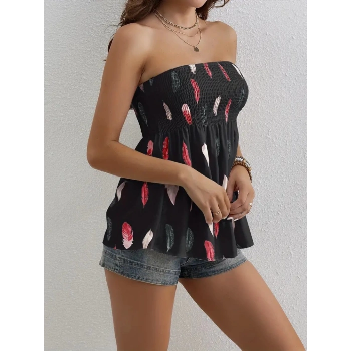 Kadın Yaprak Desenli Göğsü Gipeli Mosskrep Straplez Bluz