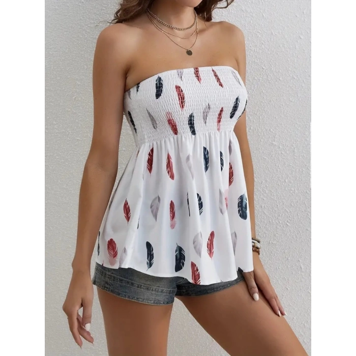 Kadın Yaprak Desenli Göğsü Gipeli Mosskrep Straplez Bluz