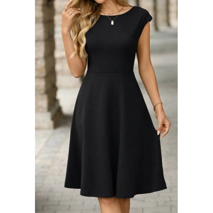 Kadın Yarım Ay Kollu Yakası Acık Kemersiz Midi Ithal Krep Elbise