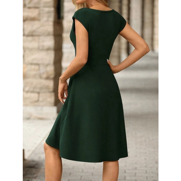 Kadın Yarım Ay Kollu Yakası Acık Kemersiz Midi Ithal Krep Elbise