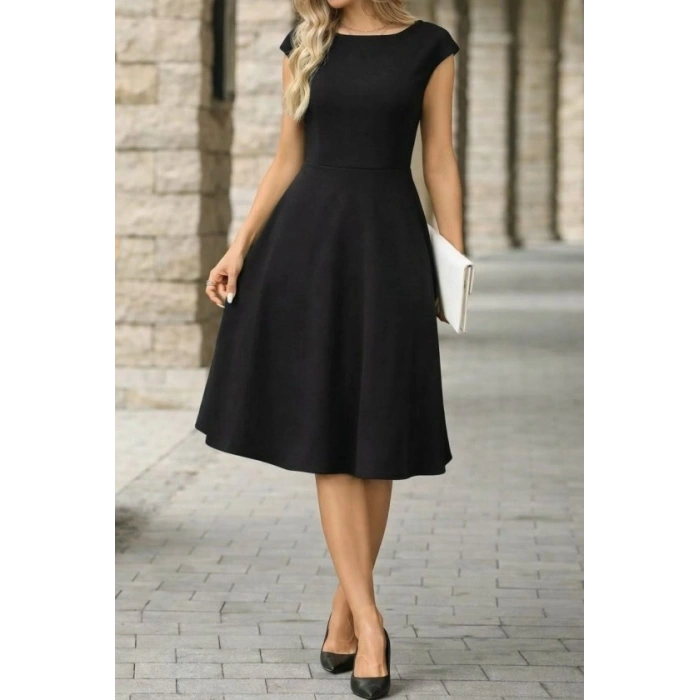 Kadın Yarım Ay Kollu Yakası Acık Kemersiz Midi Ithal Krep Elbise