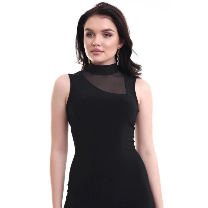 Kadın Yarım Balıkçı Yaka Tül Detaylı Sandy Kumaş Fırsat Ürün Diz Üstü Elbise