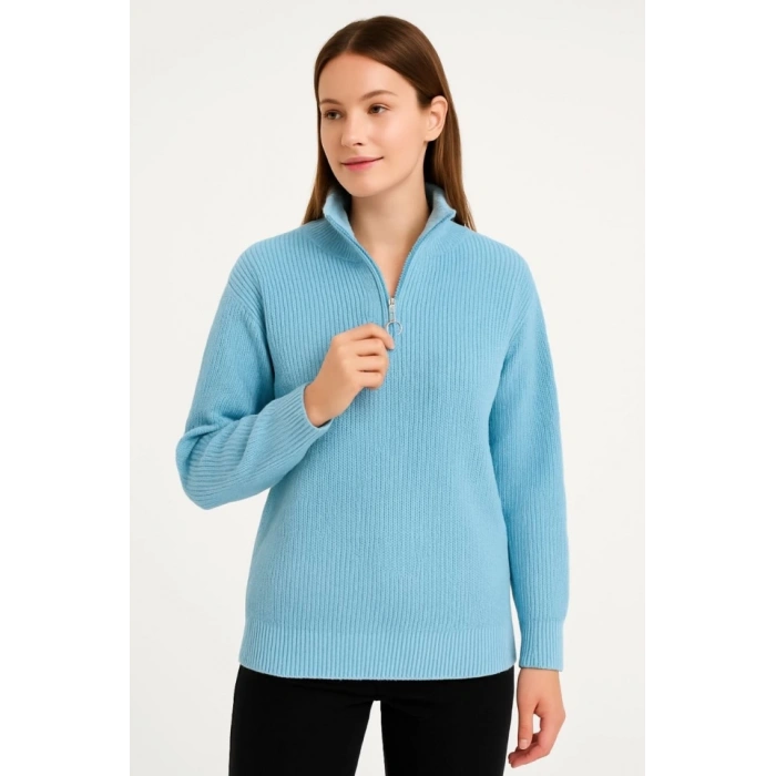 KADIN Yarım Fermuarlı Triko Kazak – Selanik Örgü, Dik Yaka, Pamuklu Dokuma, Oversize Uzun Kollu Kışlık Model - Bebe Mavisi