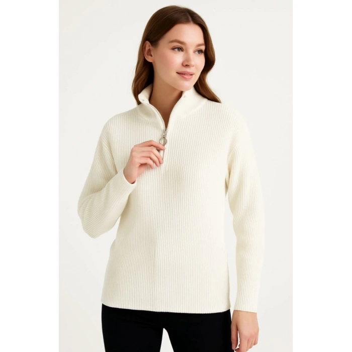 KADIN Yarım Fermuarlı Triko Kazak – Selanik Örgü, Dik Yaka, Pamuklu Dokuma, Oversize Uzun Kollu Kışlık Model - Beyaz