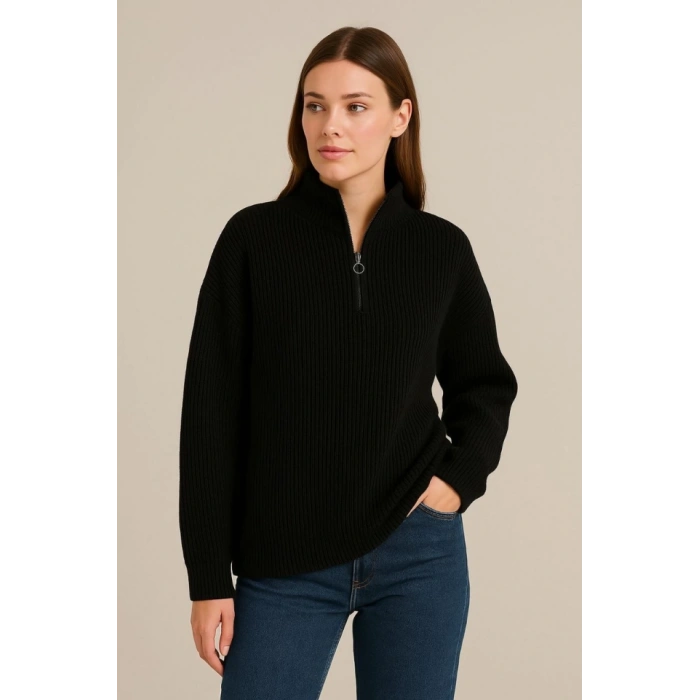 KADIN Yarım Fermuarlı Triko Kazak – Selanik Örgü, Dik Yaka, Pamuklu Dokuma, Oversize Uzun Kollu Kışlık Model - Siyah