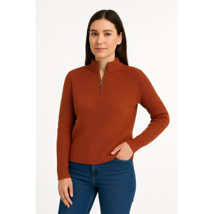 KADIN Yarım Fermuarlı Triko Kazak – Selanik Örgü, Dik Yaka, Pamuklu Dokuma, Oversize Uzun Kollu Kışlık Model - Kiremit