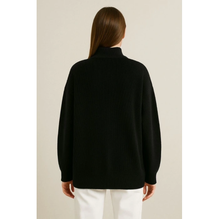 KADIN Yarım Fermuarlı Triko Kazak – Selanik Örgü, Dik Yaka, Pamuklu Dokuma, Oversize Uzun Kollu Kışlık Model - Siyah