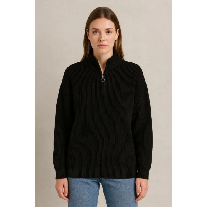 KADIN Yarım Fermuarlı Triko Kazak – Selanik Örgü, Dik Yaka, Pamuklu Dokuma, Oversize Uzun Kollu Kışlık Model - Siyah