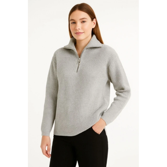 KADIN Yarım Fermuarlı Triko Kazak – Selanik Örgü, Dik Yaka, Pamuklu Dokuma, Regular Fit Uzun Kollu Kışlık Model - Gri