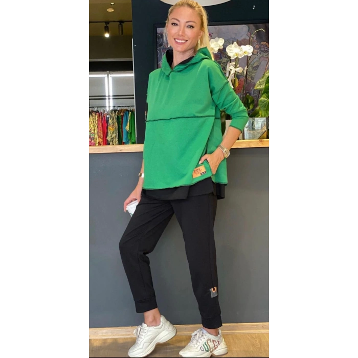 Kadın Yeşil Kapşonlu Etek Ucu Detay Arma Ters Dikiş Gorunumlu Ikili Takım