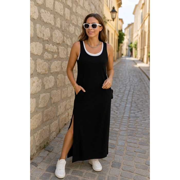 Kadın Yırtmaç Detaylı Viskon Kumaş Maxi Boy Cepli Iç Dahil Ikili Elbise