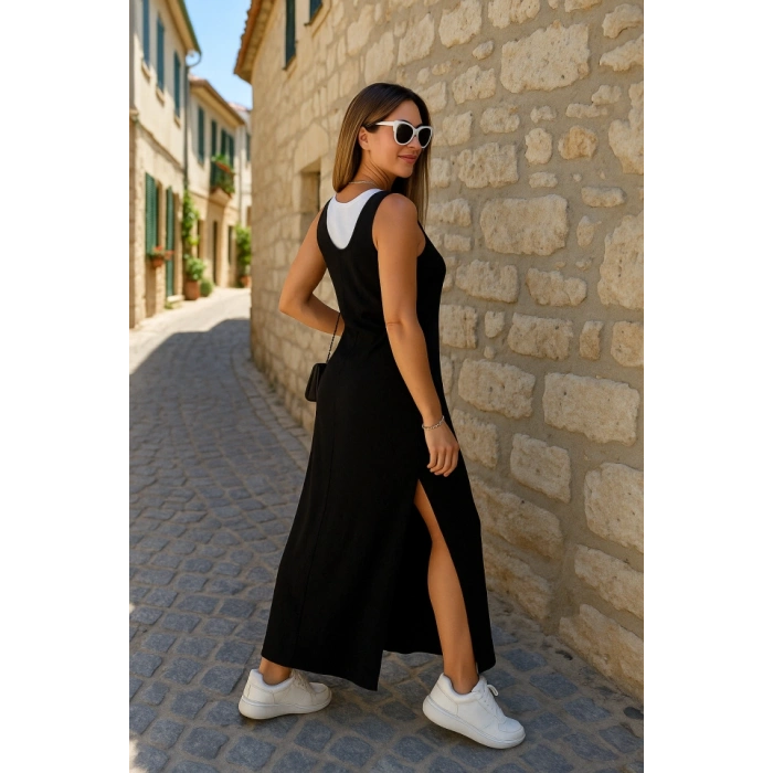 Kadın Yırtmaç Detaylı Viskon Kumaş Maxi Boy Cepli Iç Dahil Ikili Elbise