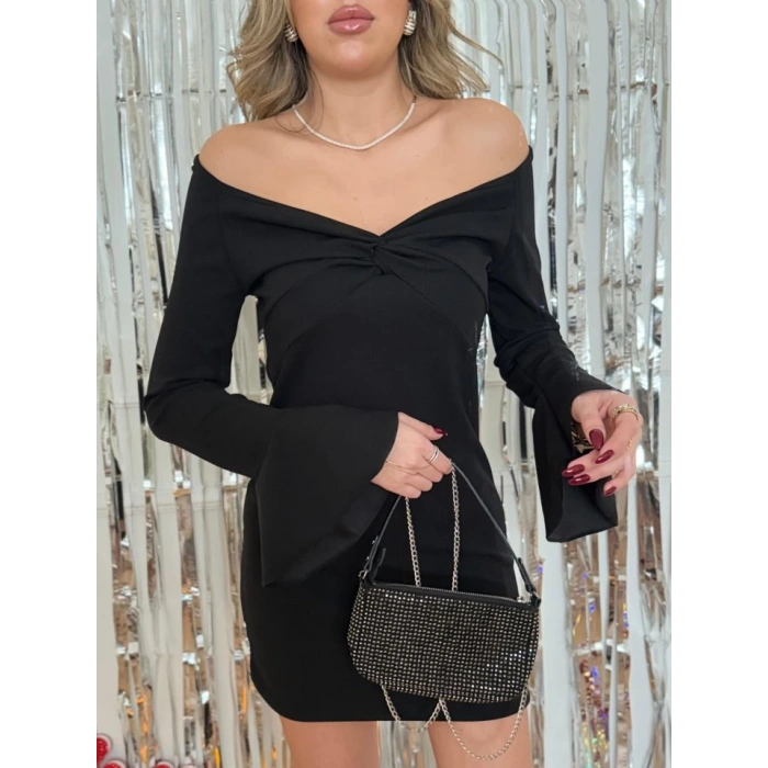 Kadın Yolbaşı özel Uzun Kollu çapraz Derin Dekolte Detaylı Ithal Krep Kısa Elbise