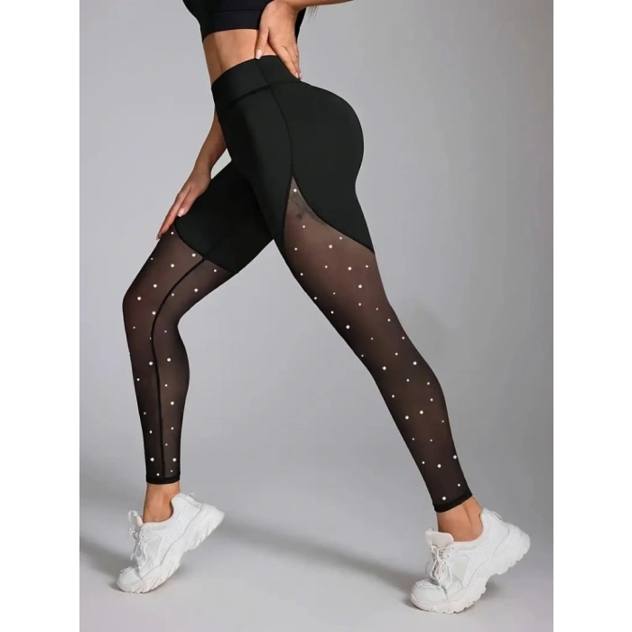 Kadın Yüksek Bel Asimetrik Kesim Detaylı Taşlı Tüllü Spor Dalgıç Tayt