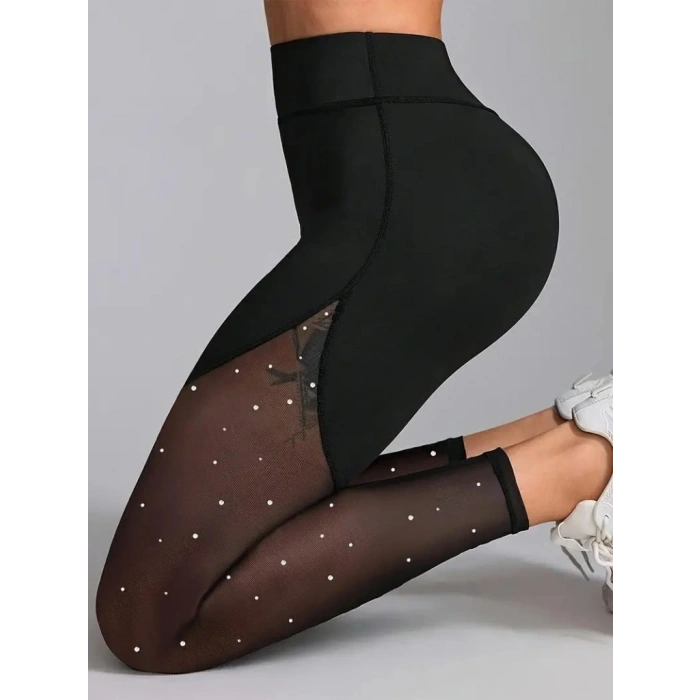 Kadın Yüksek Bel Asimetrik Kesim Detaylı Taşlı Tüllü Spor Dalgıç Tayt