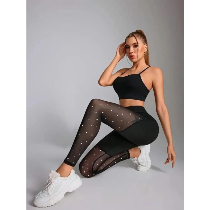 Kadın Yüksek Bel Asimetrik Kesim Detaylı Taşlı Tüllü Spor Dalgıç Tayt