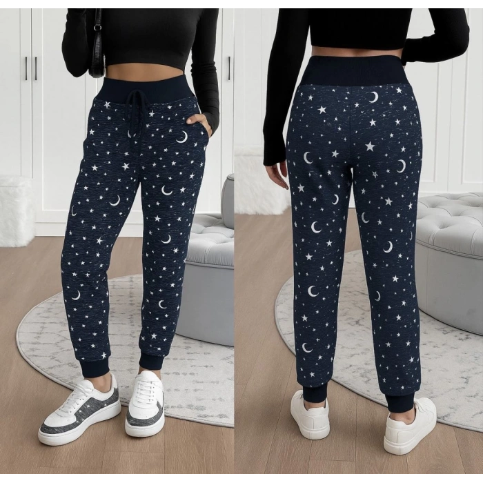 Kadın Yüksek Bel Bağcıklı Desenli Iki Iplik Pantolon