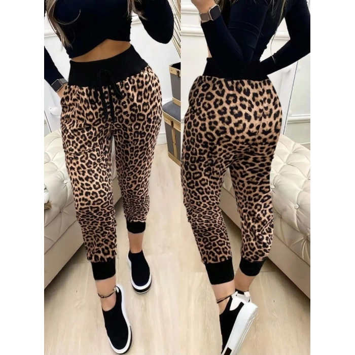 Kadın Yüksek Bel Bağcıklı Desenli Iki Iplik Pantolon