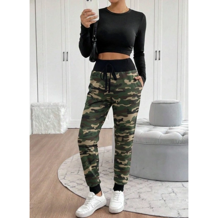 Kadın Yüksek Bel Bağcıklı Desenli Iki Iplik Pantolon