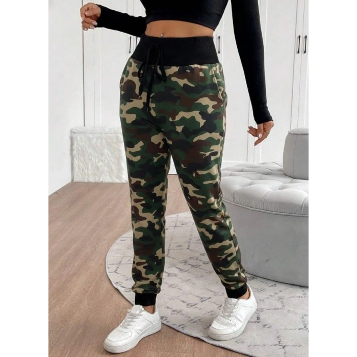 Kadın Yüksek Bel Bağcıklı Desenli Iki Iplik Pantolon