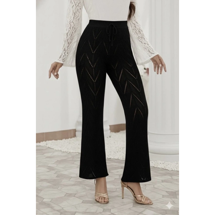 Kadın Yüksek Bel Bağcıklı Desenli Trikopantolon