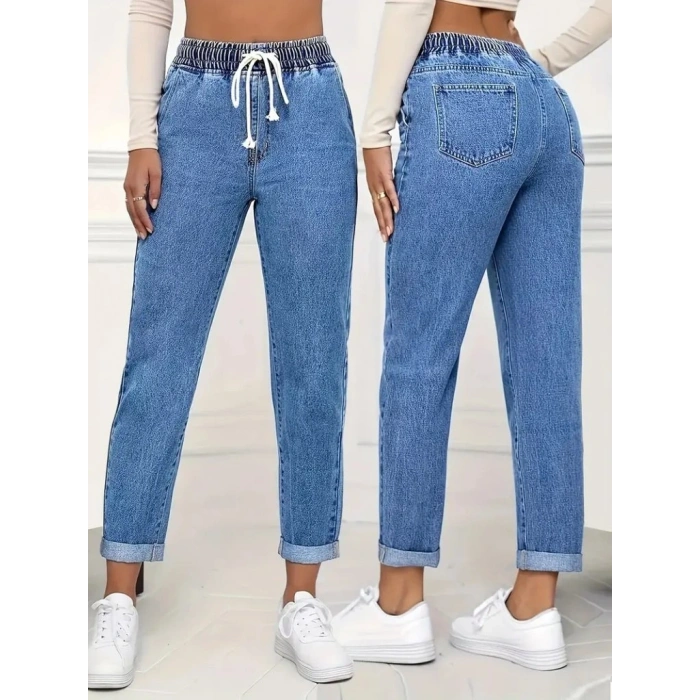 Kadın Yüksek Bel Bağcıklı Kot Pantolon