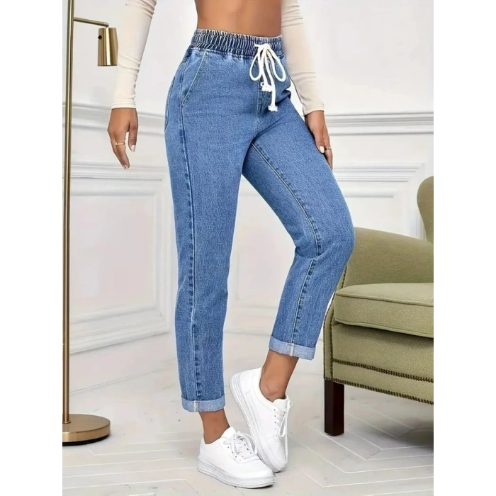 Kadın Yüksek Bel Bağcıklı Kot Pantolon