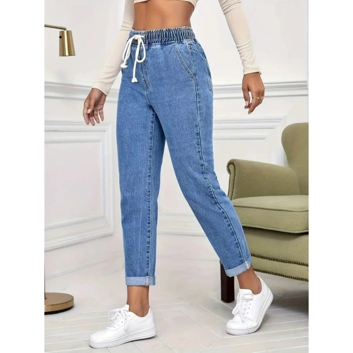 Kadın Yüksek Bel Bağcıklı Kot Pantolon