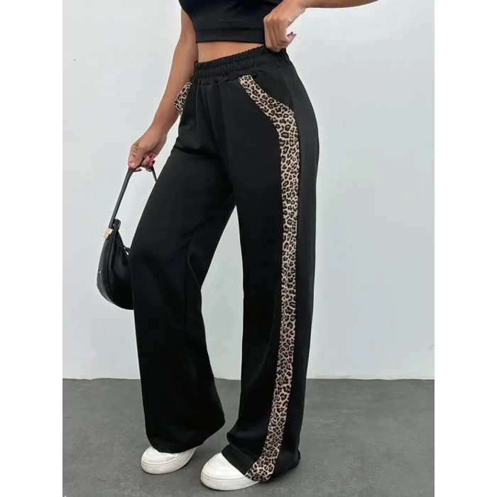 Kadın Yüksek Bel Bağcıklı Yanları Leopar Desenli Viskon Iki Iplik Pantolon
