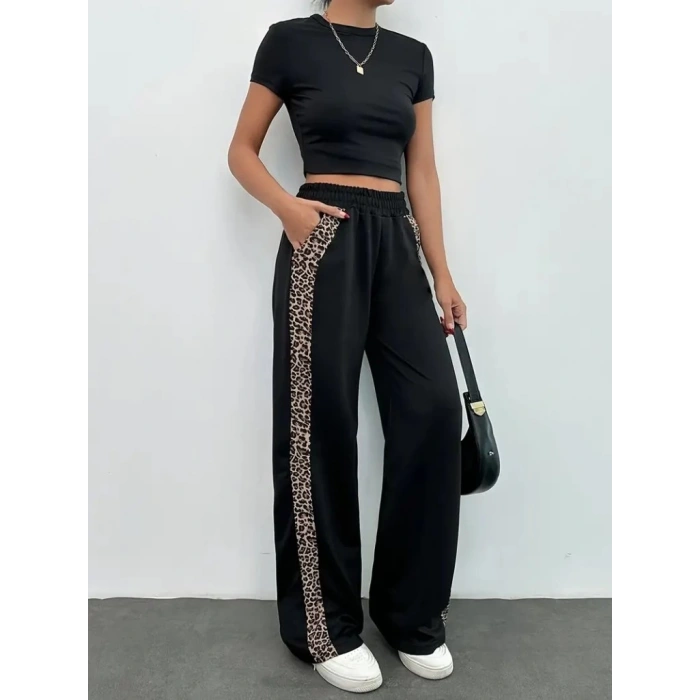 Kadın Yüksek Bel Bağcıklı Yanları Leopar Desenli Viskon Iki Iplik Pantolon