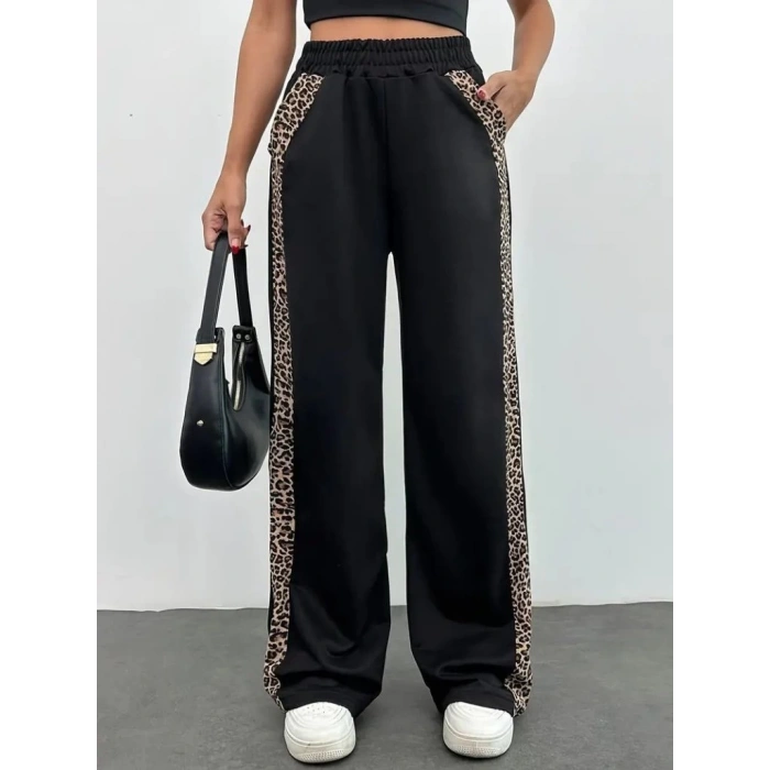 Kadın Yüksek Bel Bağcıklı Yanları Leopar Desenli Viskon Iki Iplik Pantolon