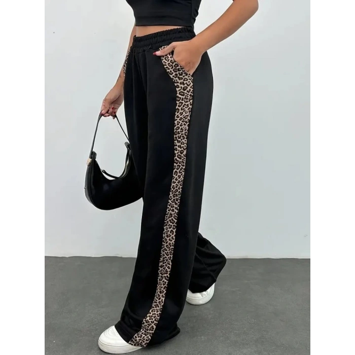 Kadın Yüksek Bel Bağcıklı Yanları Leopar Desenli Viskon Iki Iplik Pantolon