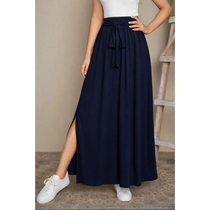 Kadın Yüksek Bel Bei Kuşaklı Yandan Yırtmaçlı Uzun Sandy Etek