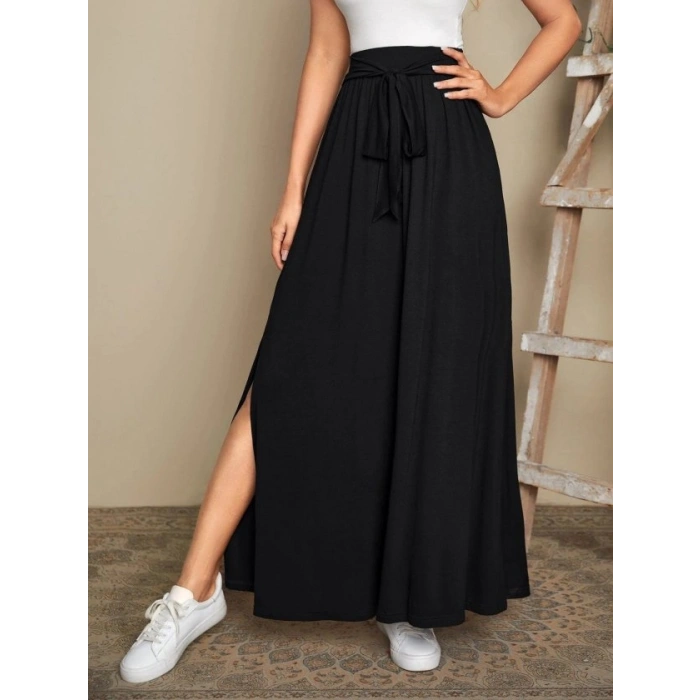 Kadın Yüksek Bel Bei Kuşaklı Yandan Yırtmaçlı Uzun Sandy Etek