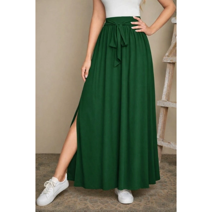 Kadın Yüksek Bel Bei Kuşaklı Yandan Yırtmaçlı Uzun Sandy Etek