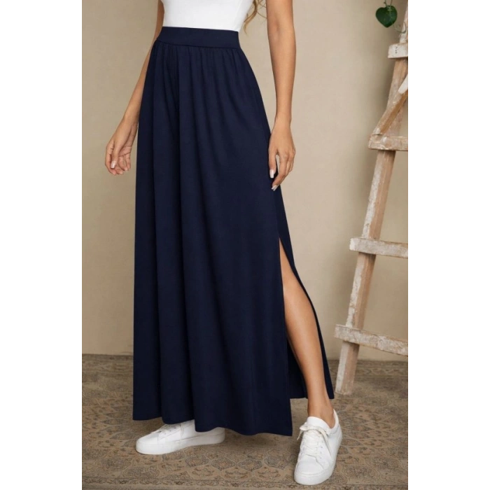 Kadın Yüksek Bel Bei Kuşaklı Yandan Yırtmaçlı Uzun Sandy Etek