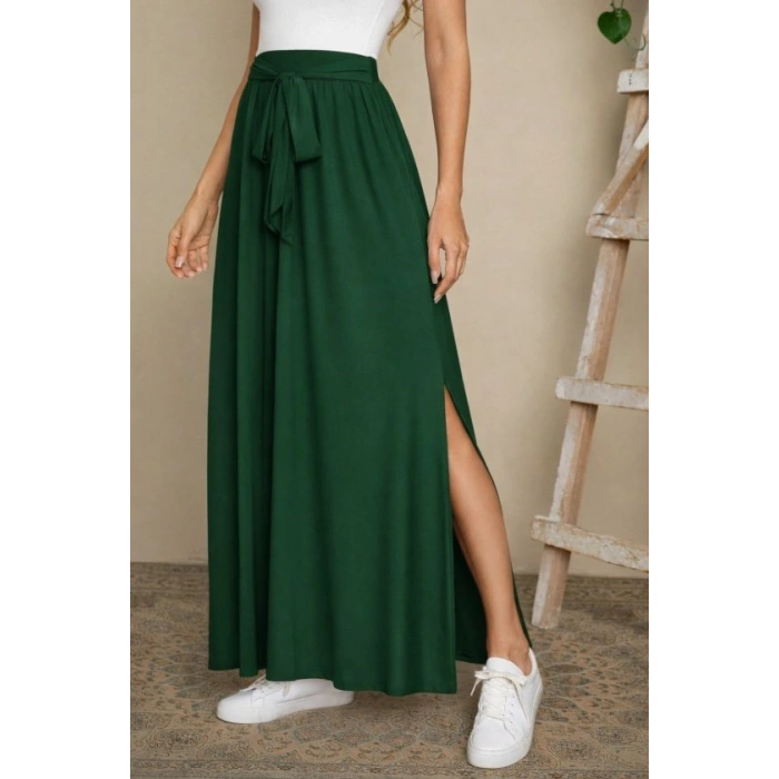 Kadın Yüksek Bel Bei Kuşaklı Yandan Yırtmaçlı Uzun Sandy Etek