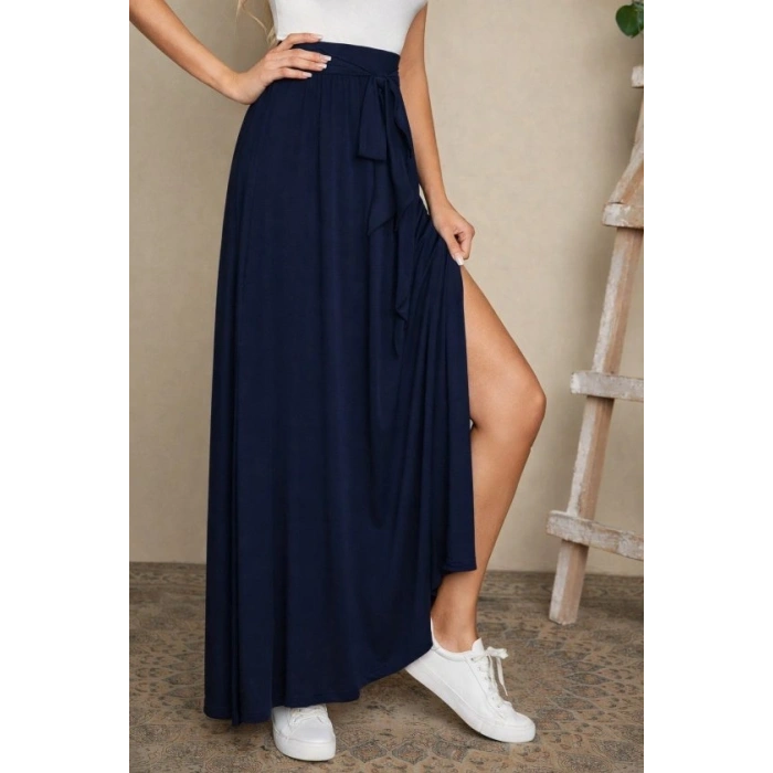 Kadın Yüksek Bel Bei Kuşaklı Yandan Yırtmaçlı Uzun Sandy Etek