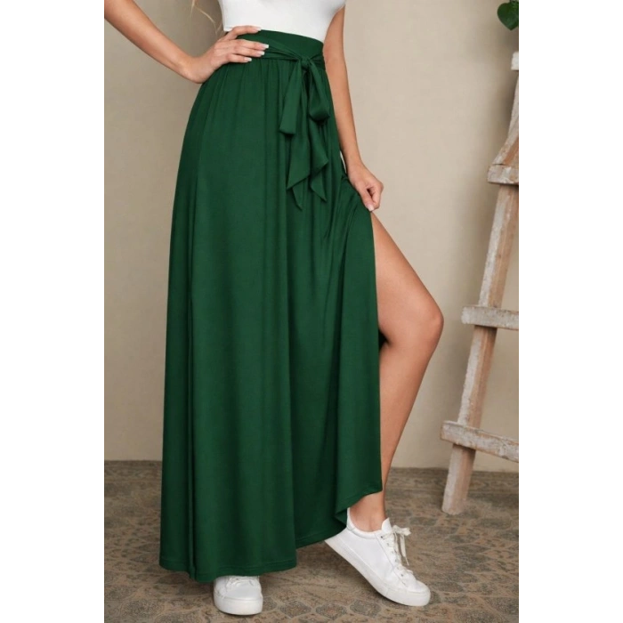 Kadın Yüksek Bel Bei Kuşaklı Yandan Yırtmaçlı Uzun Sandy Etek
