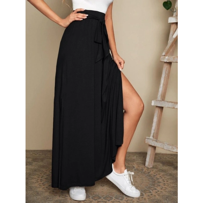 Kadın Yüksek Bel Bei Kuşaklı Yandan Yırtmaçlı Uzun Sandy Etek