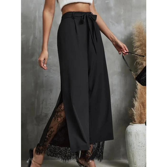 Kadın Yüksek Bel Belden Kuşaklı üst Dalgıç Alt Dantel Detaylı Dalgıç Pantolon