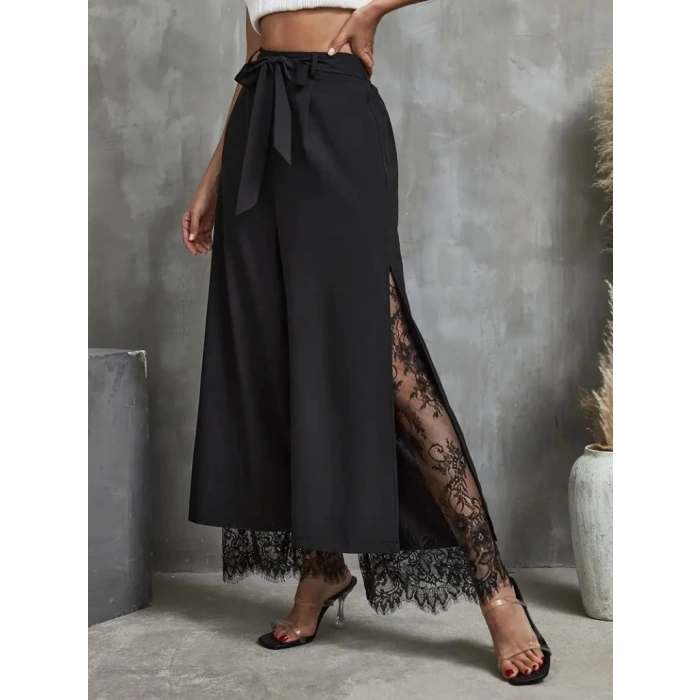 Kadın Yüksek Bel Belden Kuşaklı üst Dalgıç Alt Dantel Detaylı Dalgıç Pantolon Takım