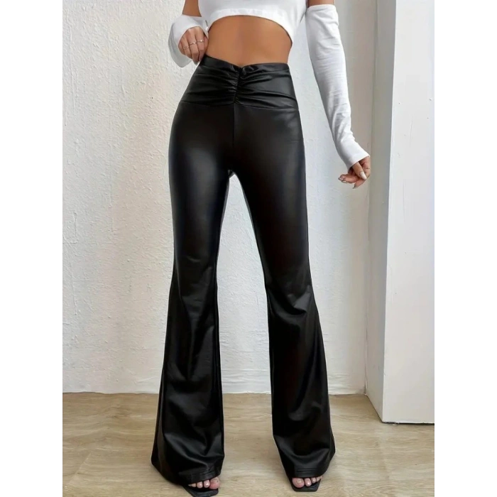 Kadın Yüksek Bel Beli Büzgülü Paçaya Doğru Geniş Deri Pantolon