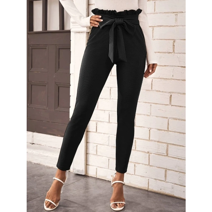Kadın Yüksek Bel Beli Fırfırlı önden Bağlamalı Ithal Krep Pantolon