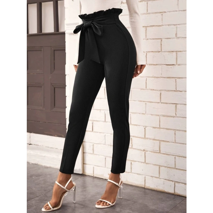 Kadın Yüksek Bel Beli Fırfırlı önden Bağlamalı Ithal Krep Pantolon