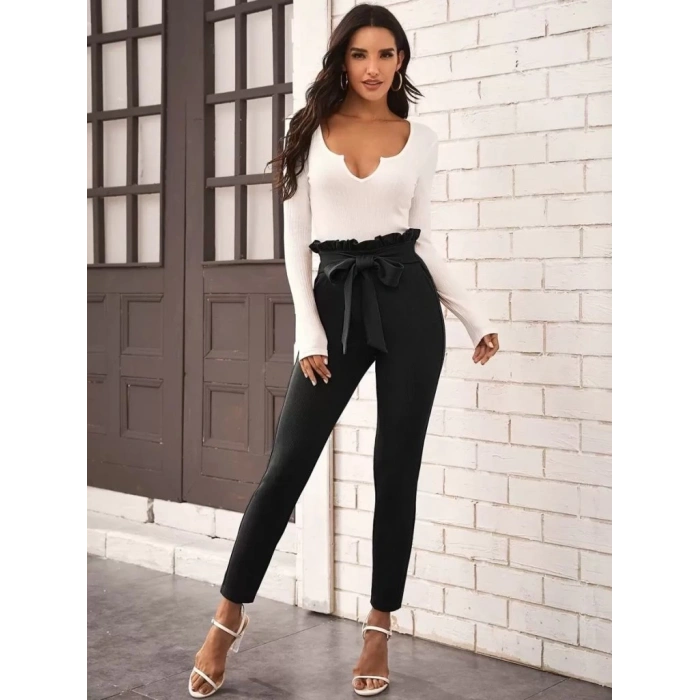 Kadın Yüksek Bel Beli Fırfırlı önden Bağlamalı Ithal Krep Pantolon
